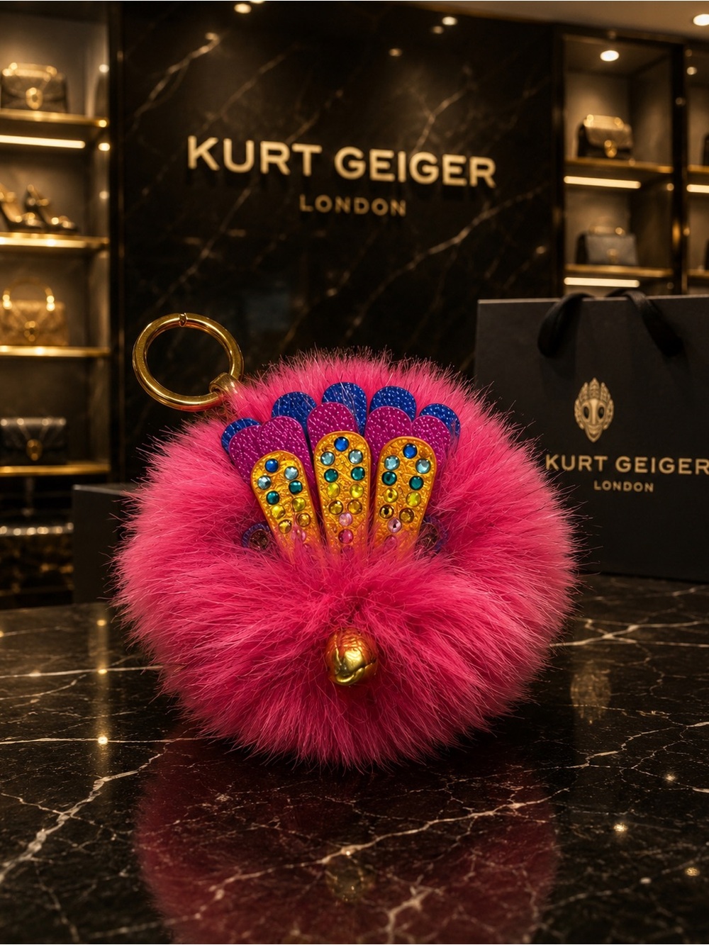 Kurt Geiger Pink Furry Peacock Pom Bag Charm